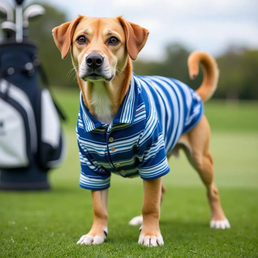 Dog wearing a golf shirt, looking comfortable and stylish