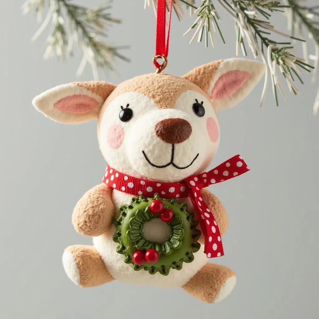 A dog groomer ornament displayed on a shelf with a festive holiday background.