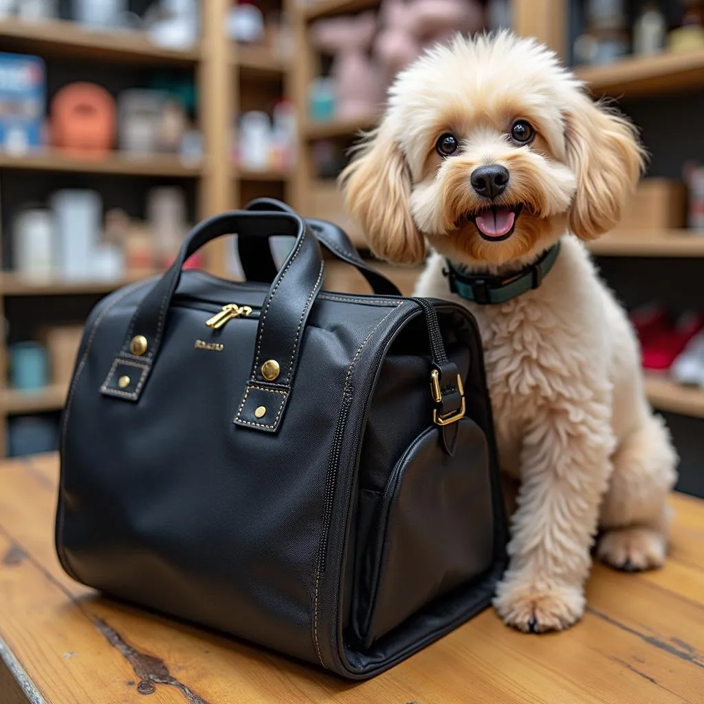 Dog grooming carrying case in a pet shop