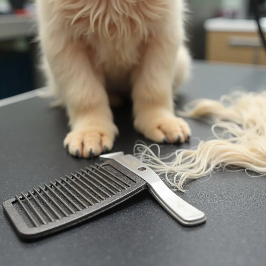 A dematting rake on a grooming table, ready to be used to remove mats from a dog's fur.