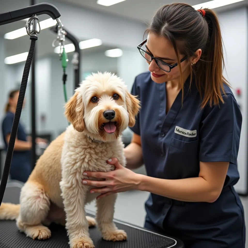 Professional dog grooming session in a salon