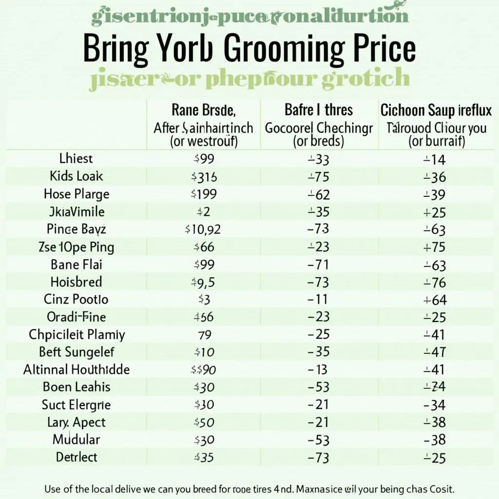 Dog Grooming Prices Chart in Los Angeles