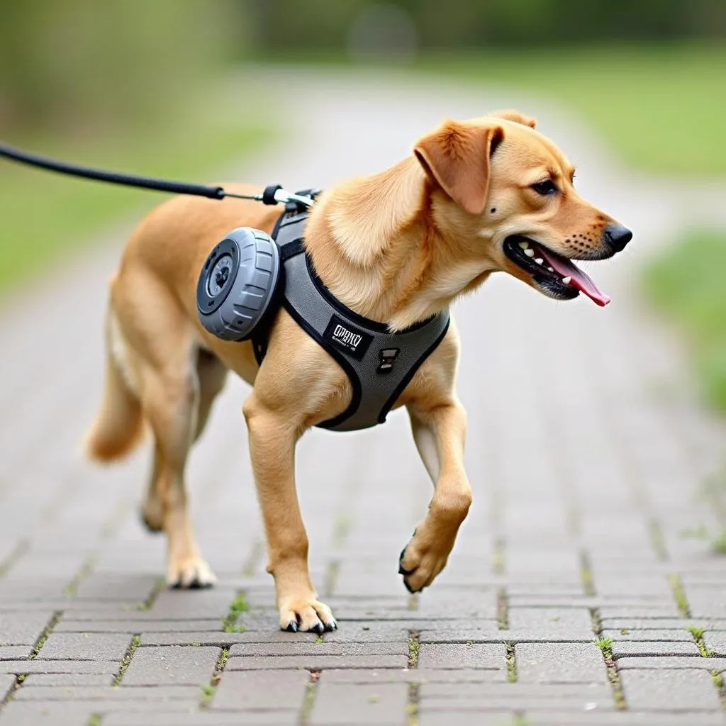 A dog wearing a dog harness with water bottle, walking happily on a paved path