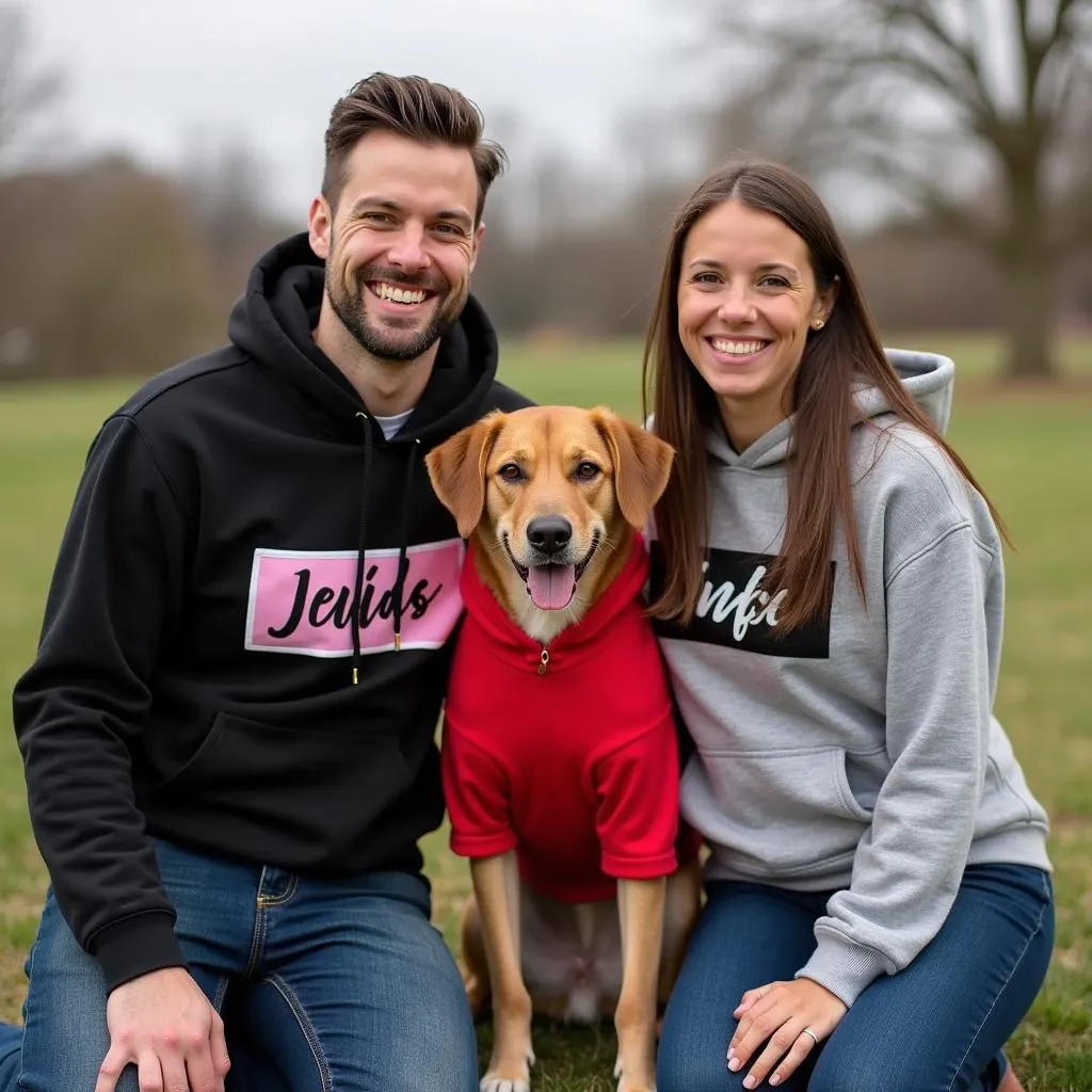 Dog Hoodie Matching Couple Outfits: Man and Woman in Matching Hoodies with Their Dog