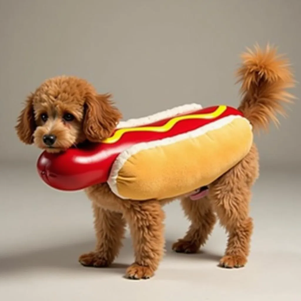 Dog dressed in a hotdog costume