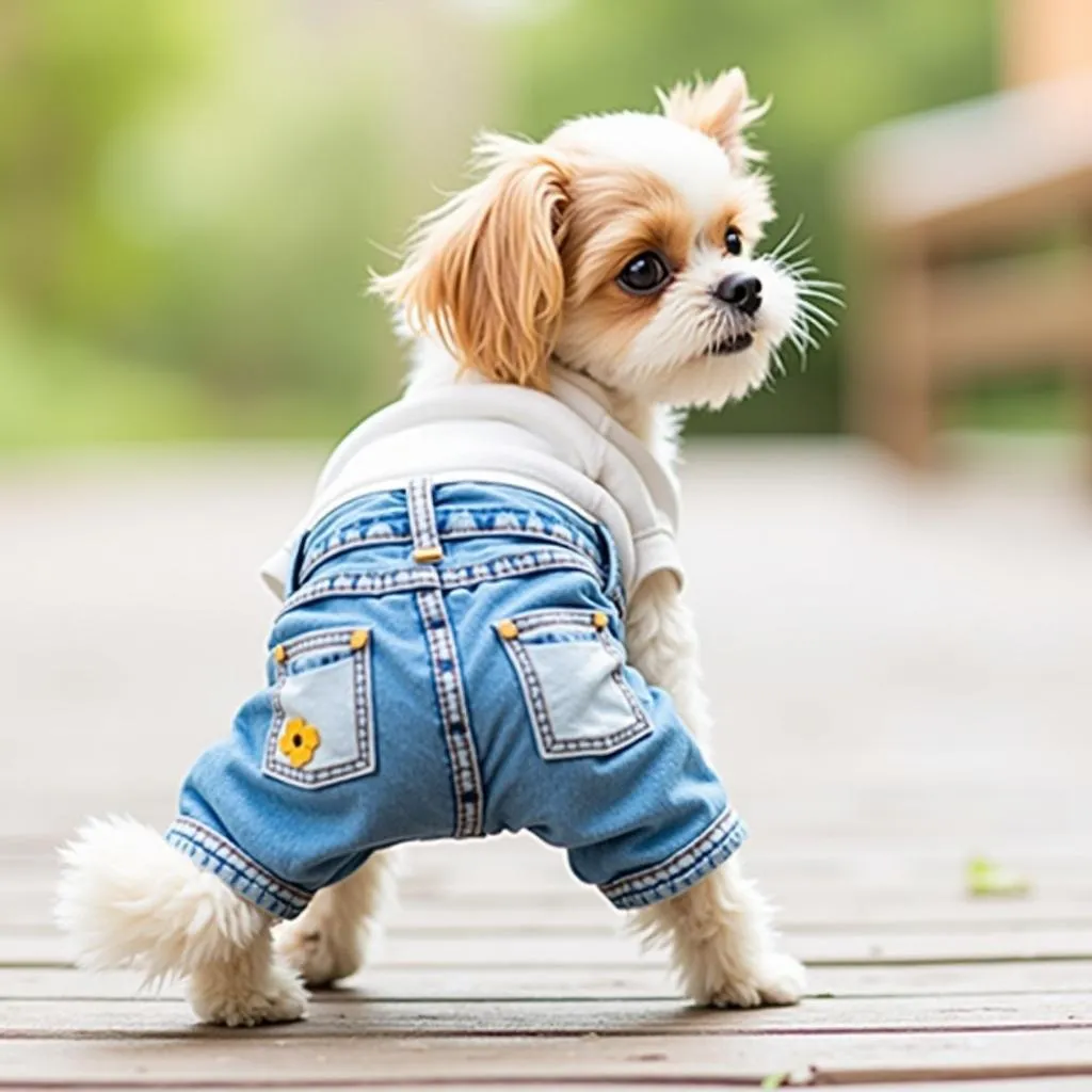 Cute dog wearing jean shorts