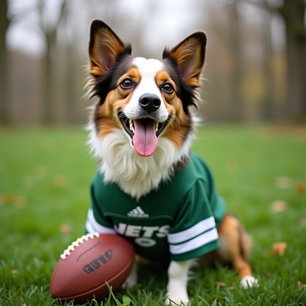 Dog wearing a Jets Jersey proudly displaying team spirit