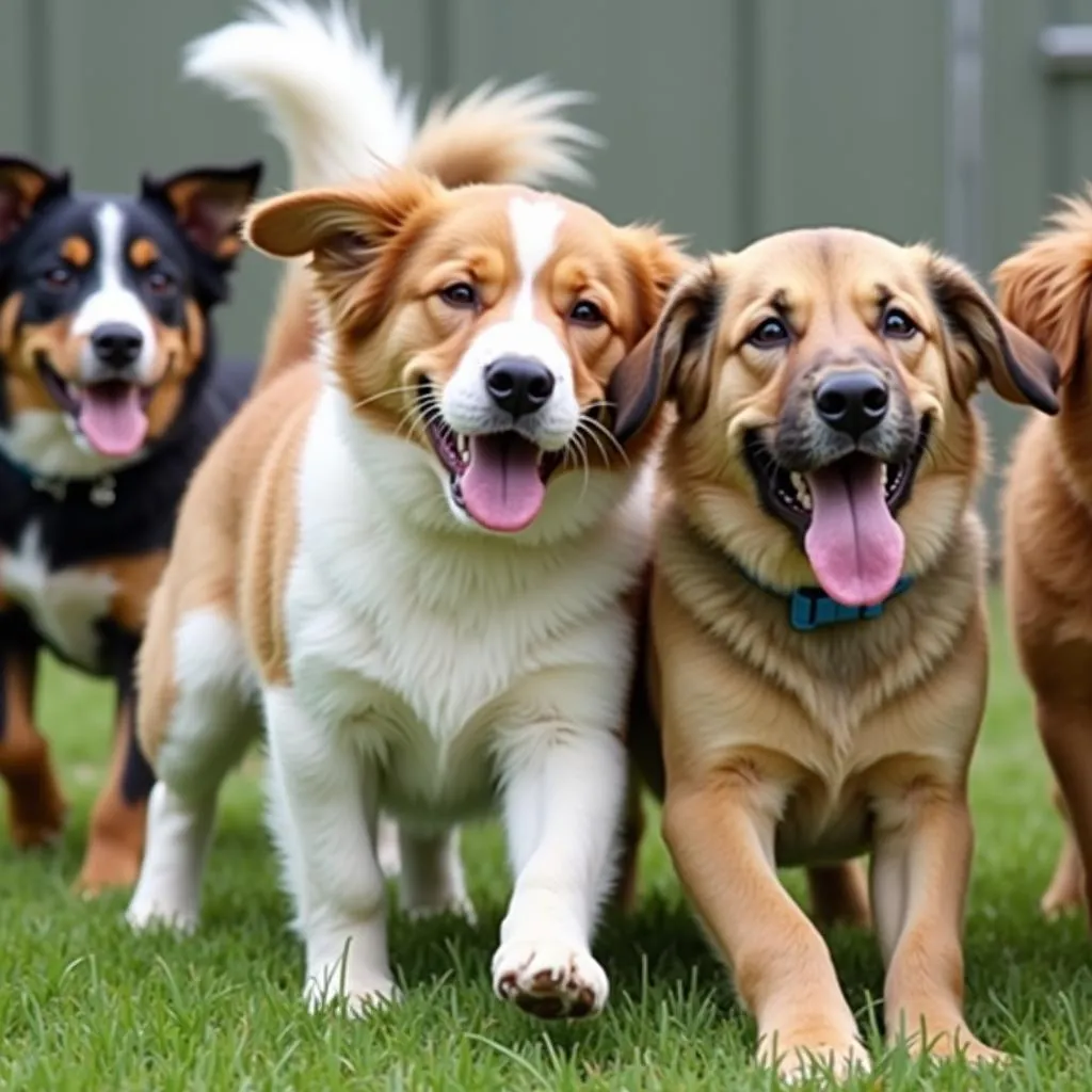 Happy dogs playing together in a dog kennel in Lansing