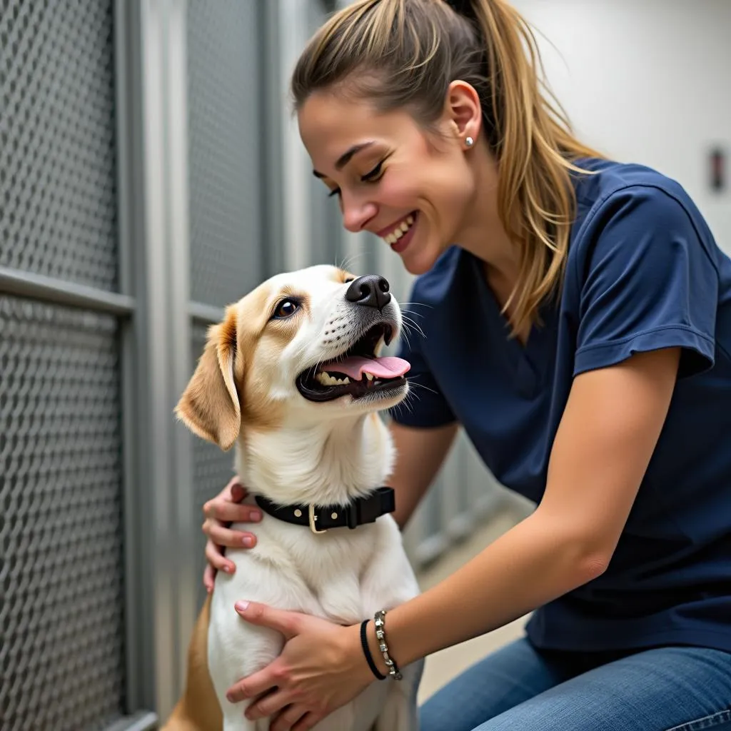 Friendly and caring staff interacting with dogs at a dog kennel in Lansing