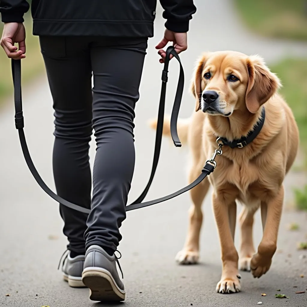 Dog on leash knotted around a person's leg