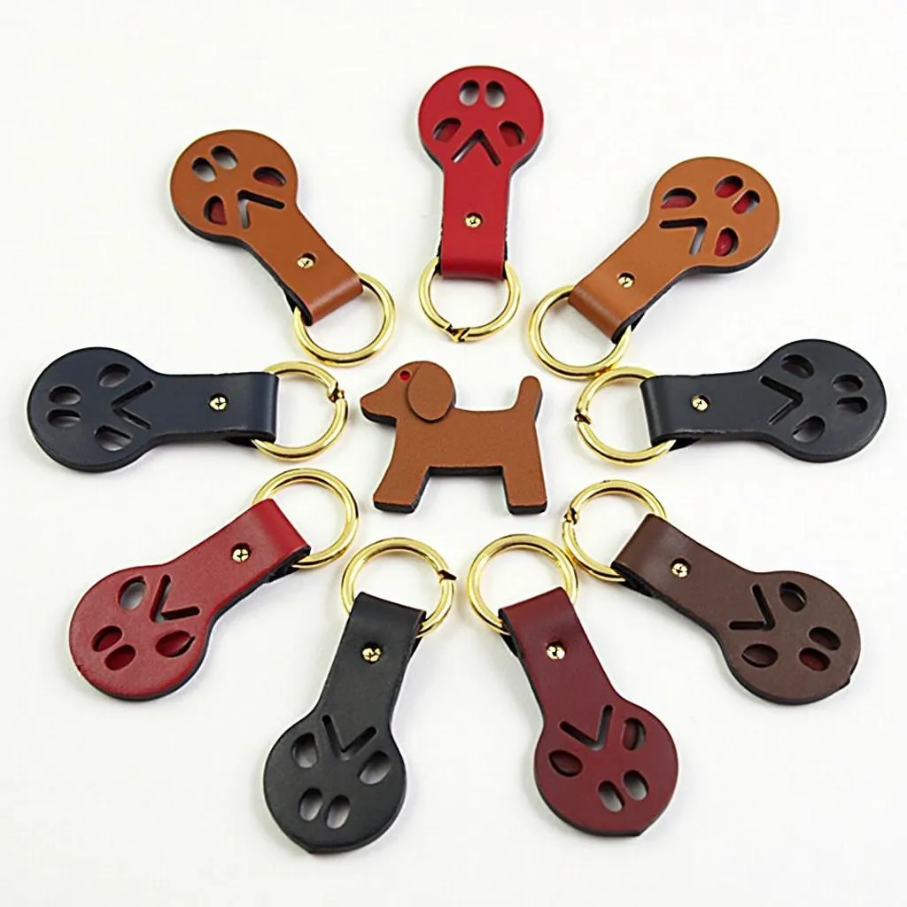 Leather dog keychain with a paw print design