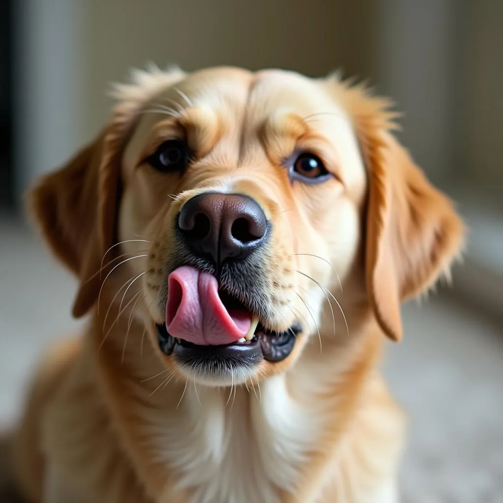 Dog licking its lips due to stress or anxiety