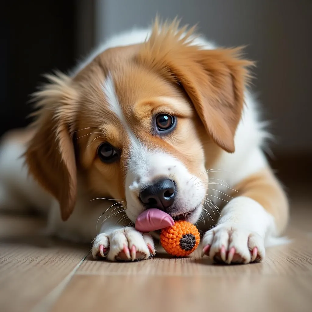 Dog licking a toy due to boredom and seeking stimulation