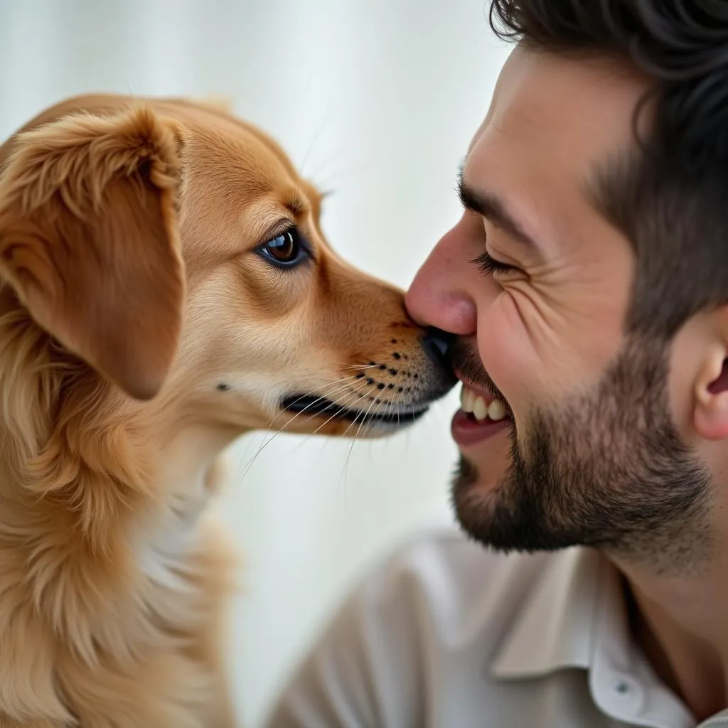 A dog licking their owner's face as a sign of affection.