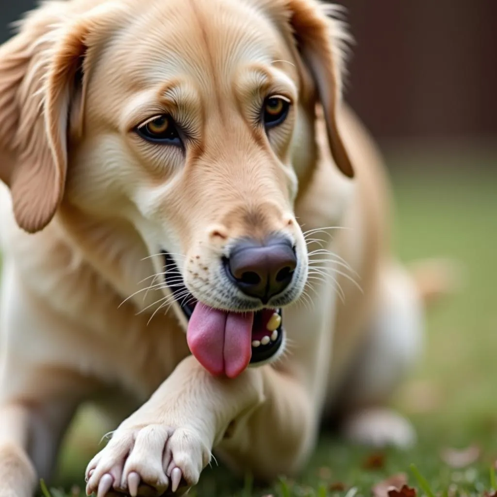 Dog licking its paw for grooming purposes