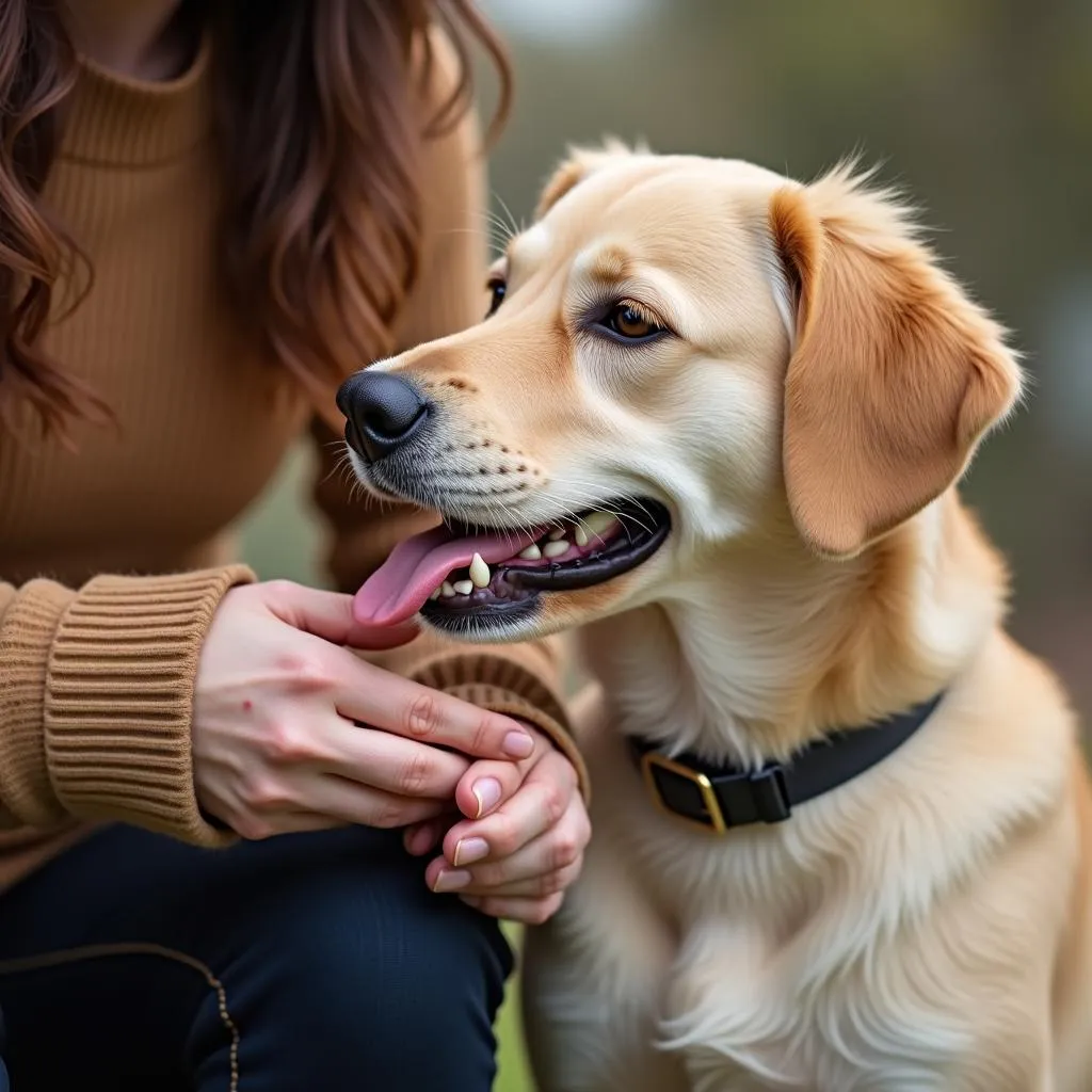 Dog licking his owner's sleeve, showing affection