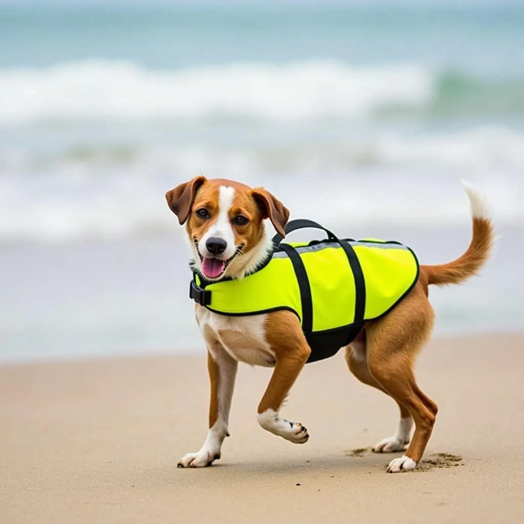 dog wearing life jacket on beach