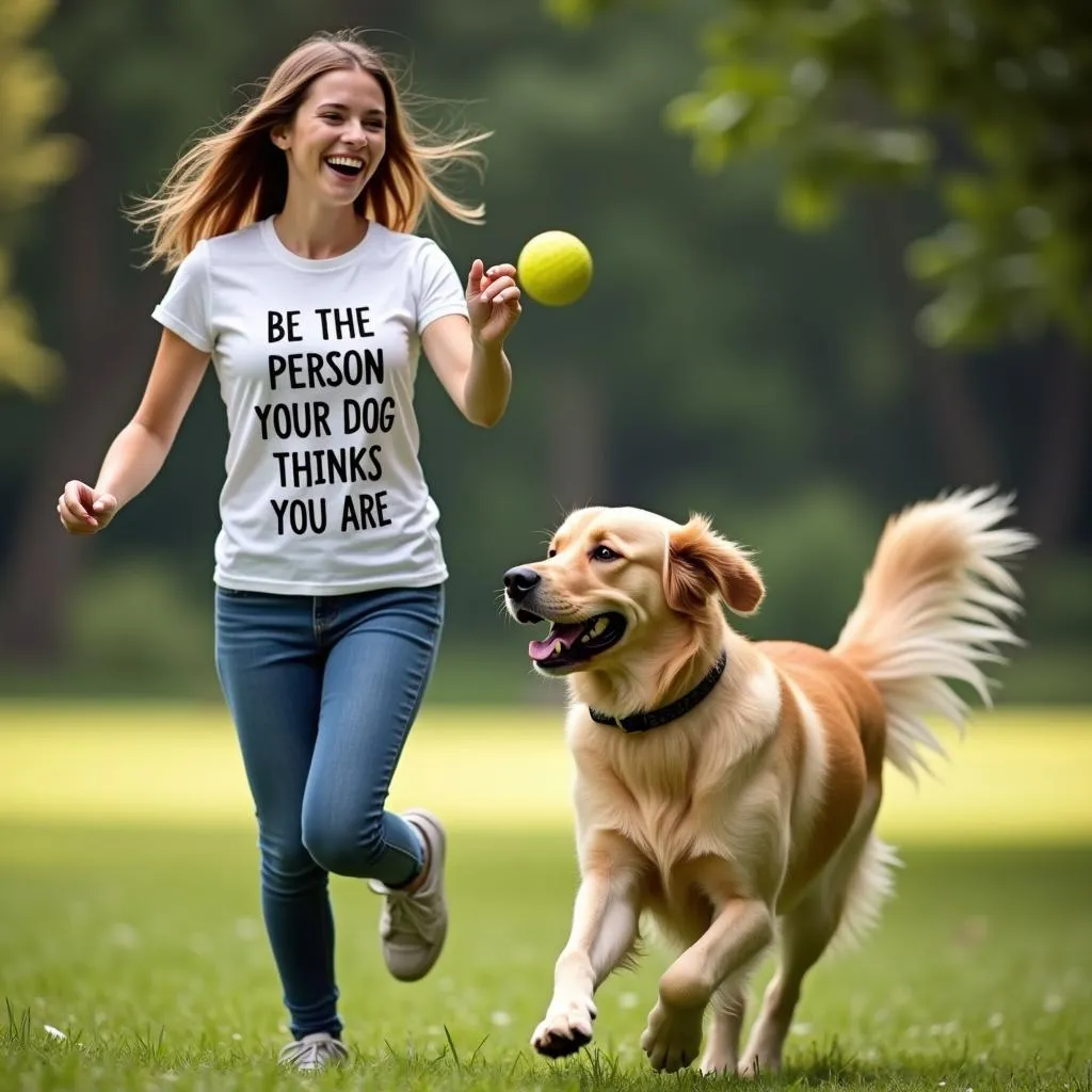 Owner wearing "Be the Person Your Dog Thinks You Are" shirt while playing with dog in park