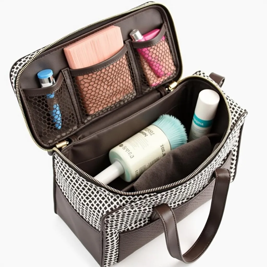 Dog grooming essentials in a stylish makeup bag