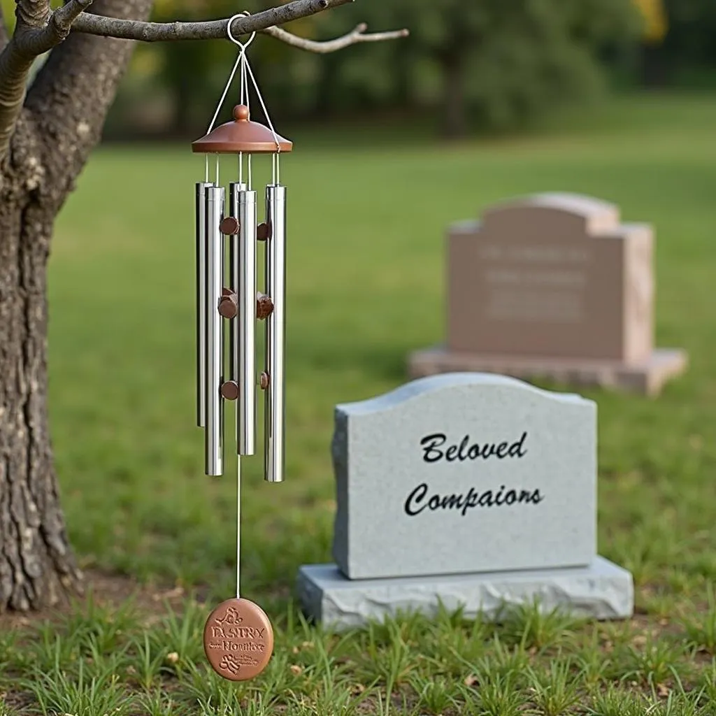 Dog memorial wind chime placed on a grave with a dog's headstone in a beautiful garden.