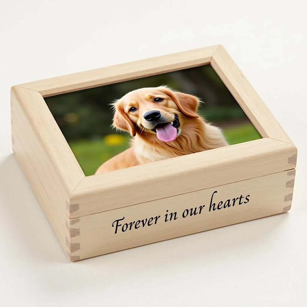 A personalized dog memory box with a photo and inscription