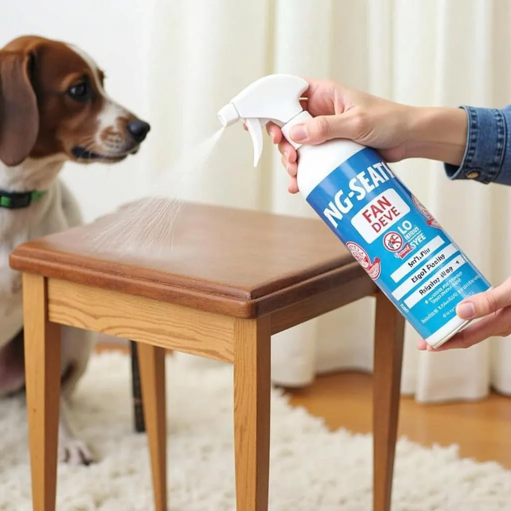 A dog owner is applying a dog-safe no-chew spray to a piece of furniture