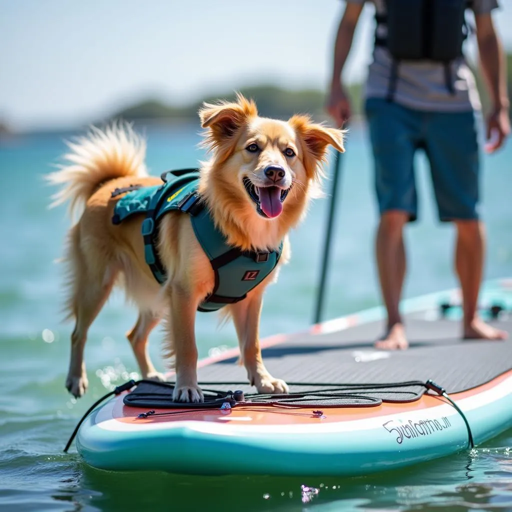 Dog paddle board attachment with dog