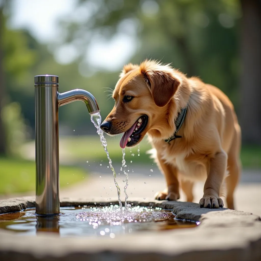 Dog drinking fresh water from a dog park water fountain