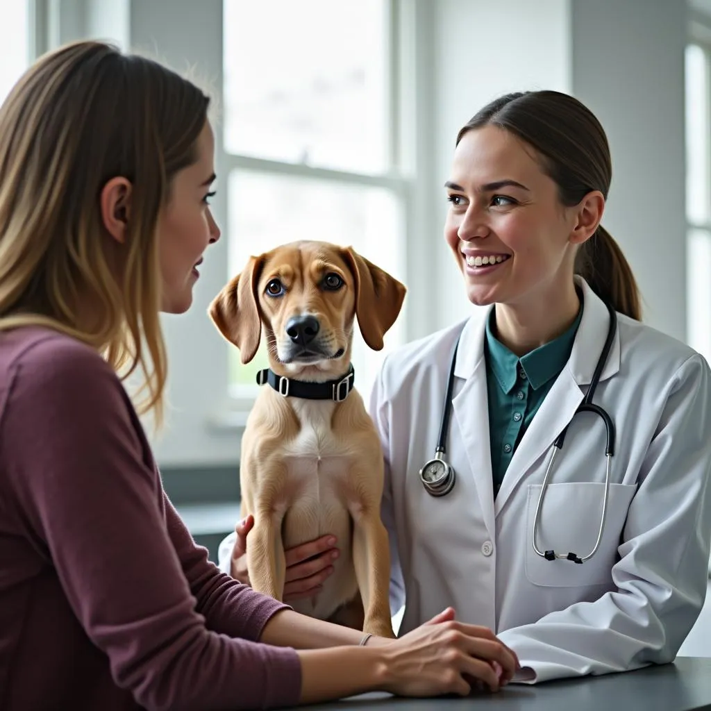 A dog owner asking a veterinarian about a dog paw cut