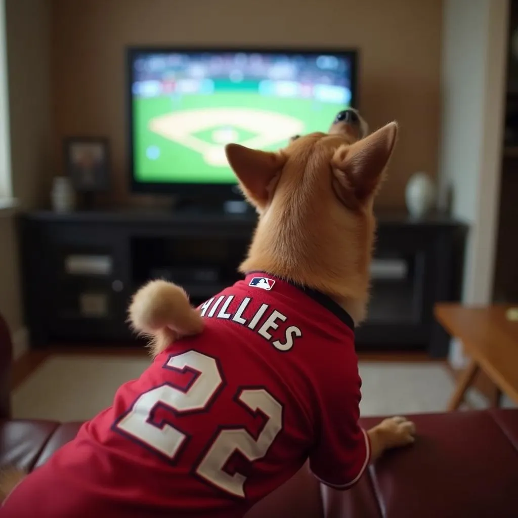 Dog wearing a Phillies jersey, tail wagging with excitement