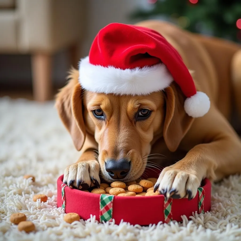 Happy dog playing with a Christmas puzzle toy