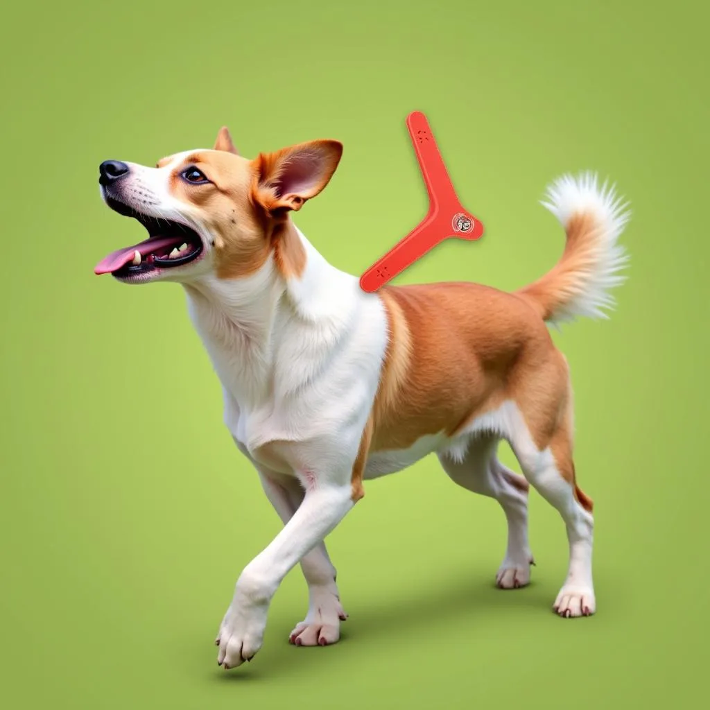 Happy dog retrieving a boomerang dog toy, showcasing the joy and engagement this type of toy provides.