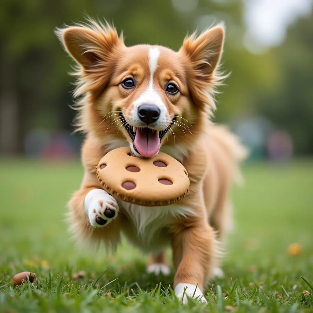 A dog playing with a cookie dog toy in a park