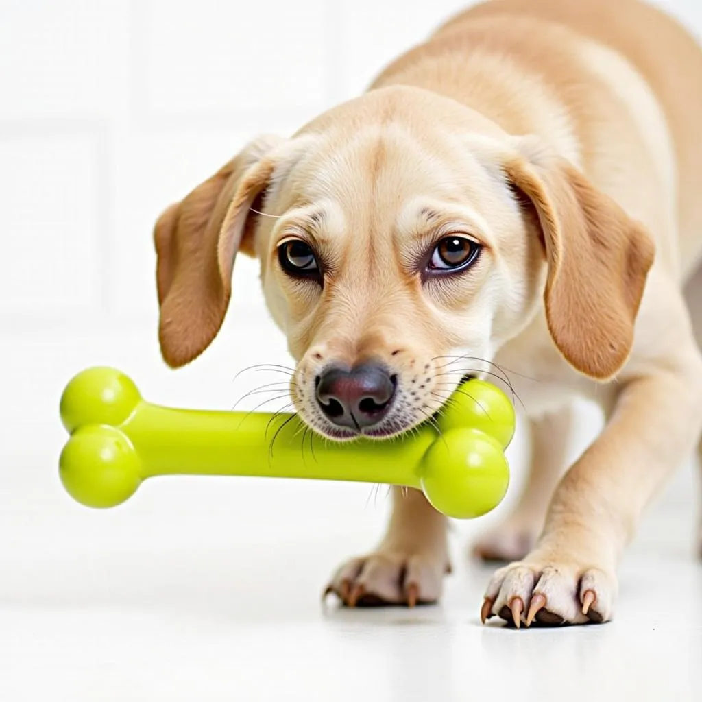 A dog playing with a rubber bone dog toy