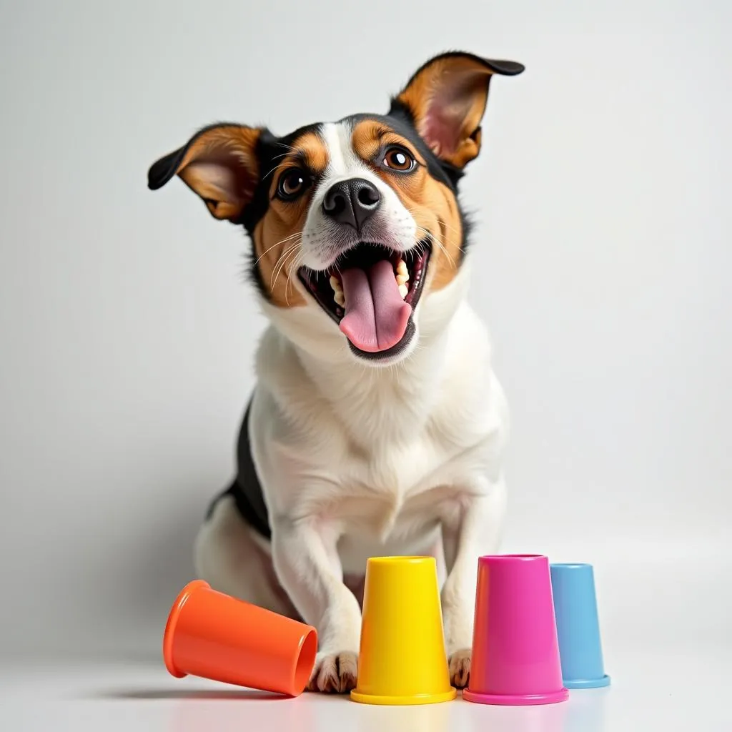 Happy Dog Playing with Stacking Glasses