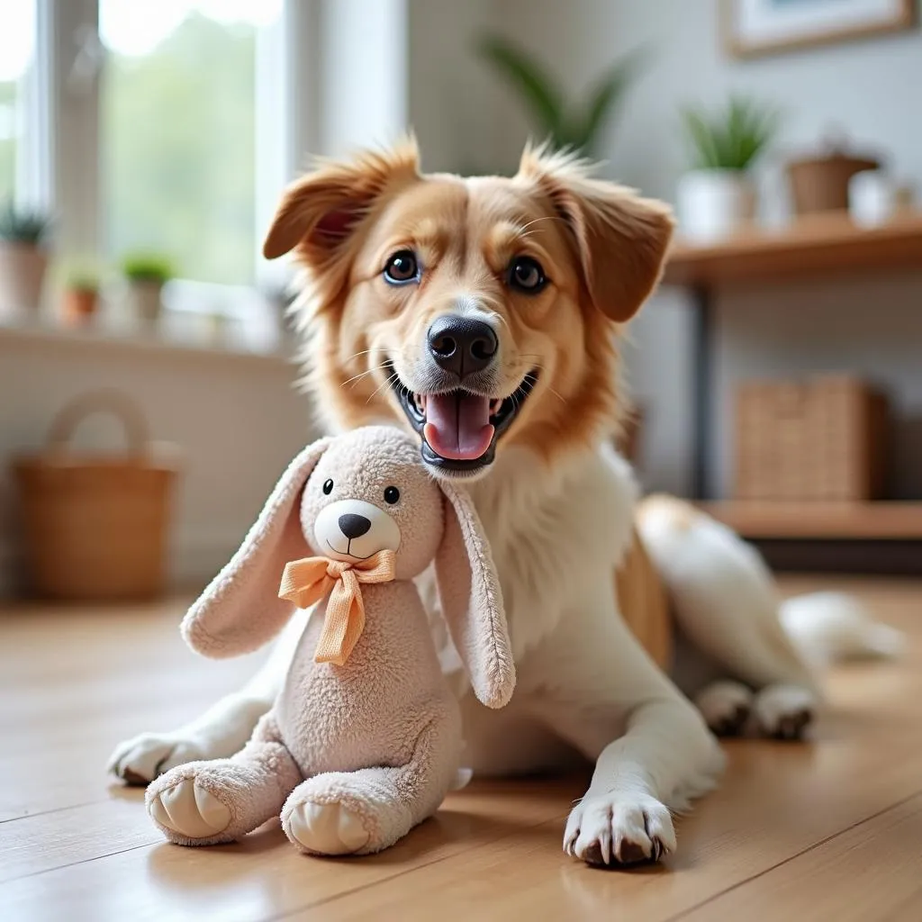 Dog Playing with Stuffed Bunny Dog Toy at Home