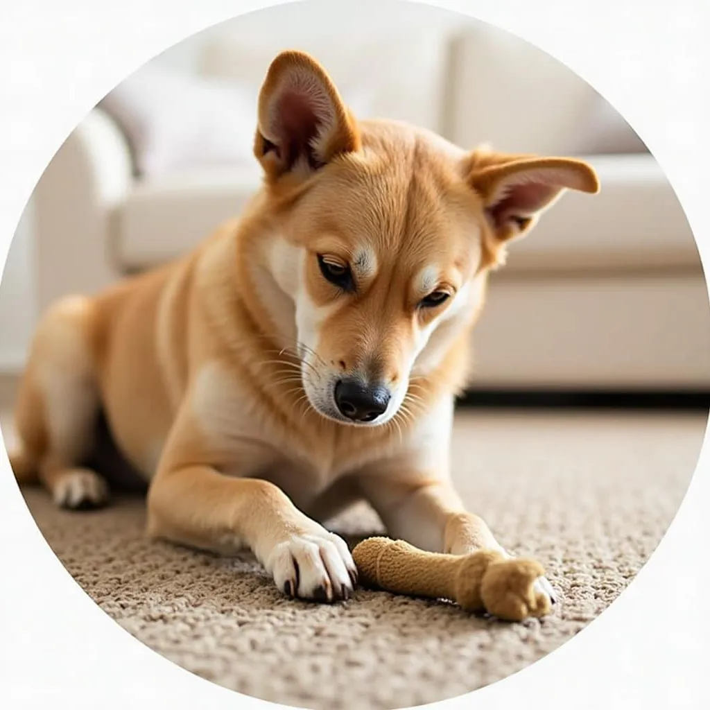 Dog playing with a chew toy