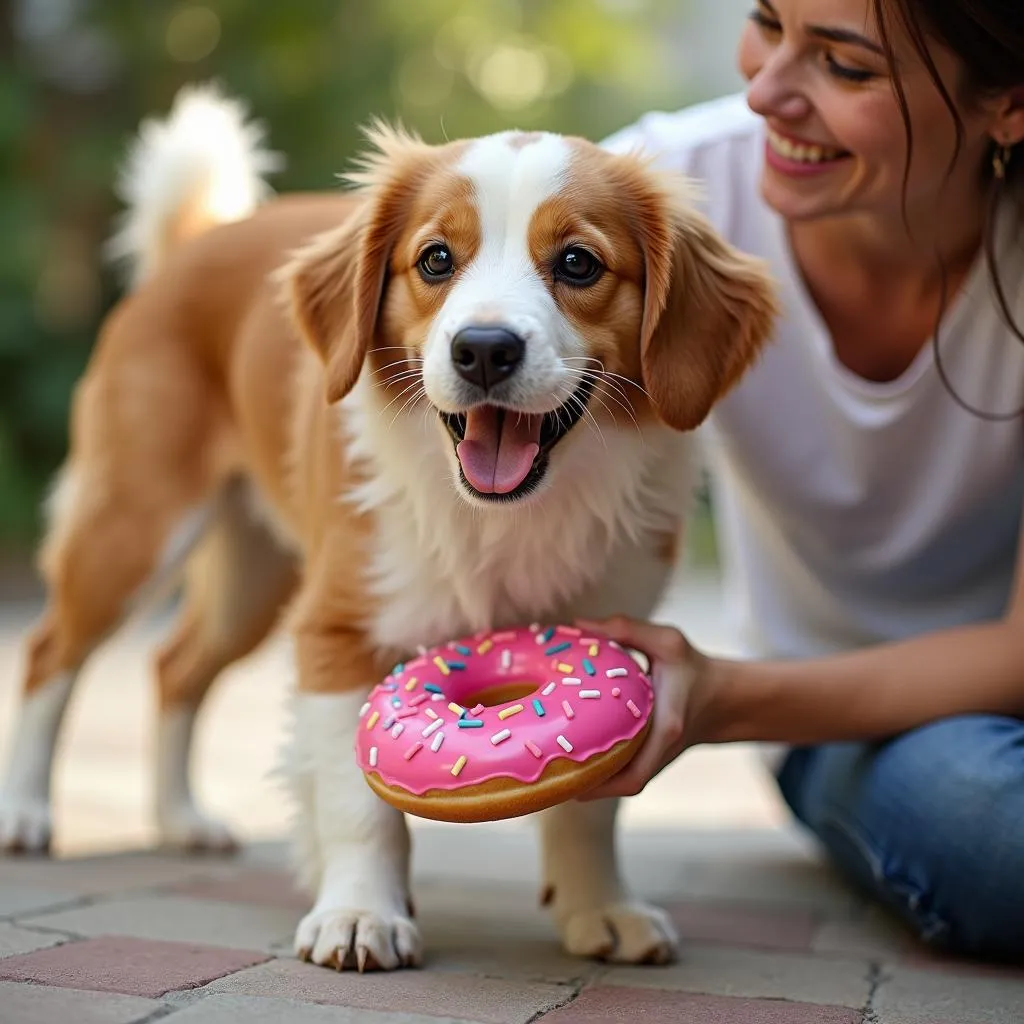 Dog Playing with a Donut Toy Under Supervision