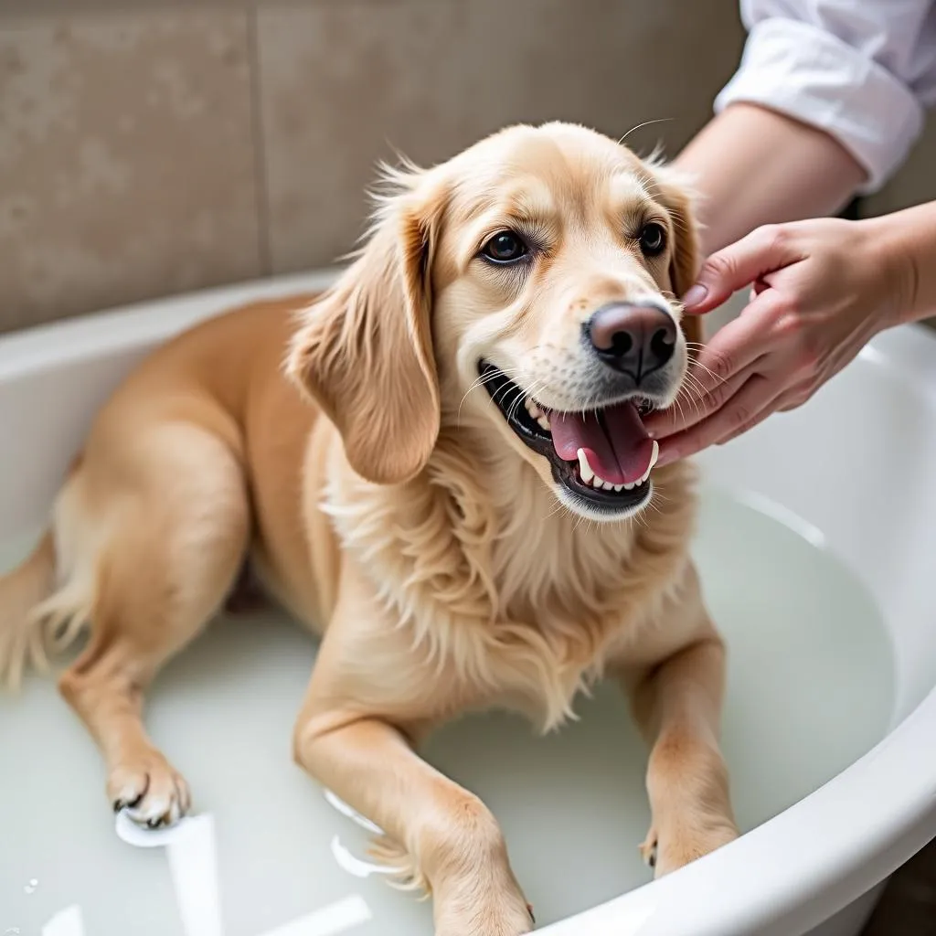 Dog getting relief from yeast infection with powder