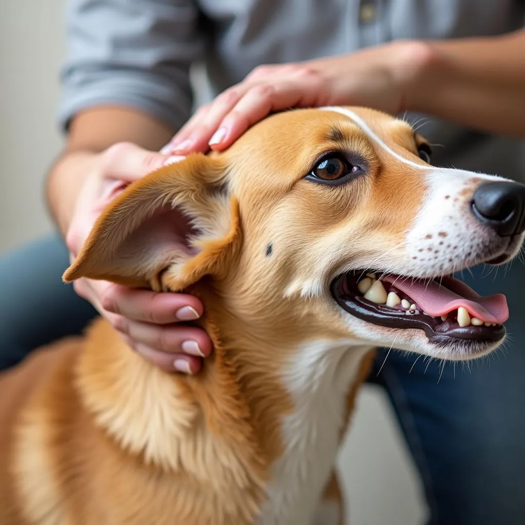 Dog with yeast infection in ear being treated with powder