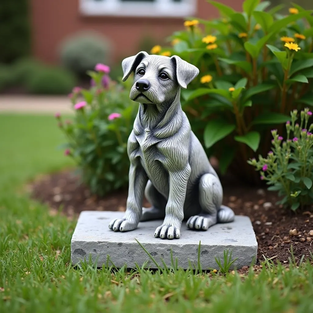 A dog remembrance statue placed in a garden