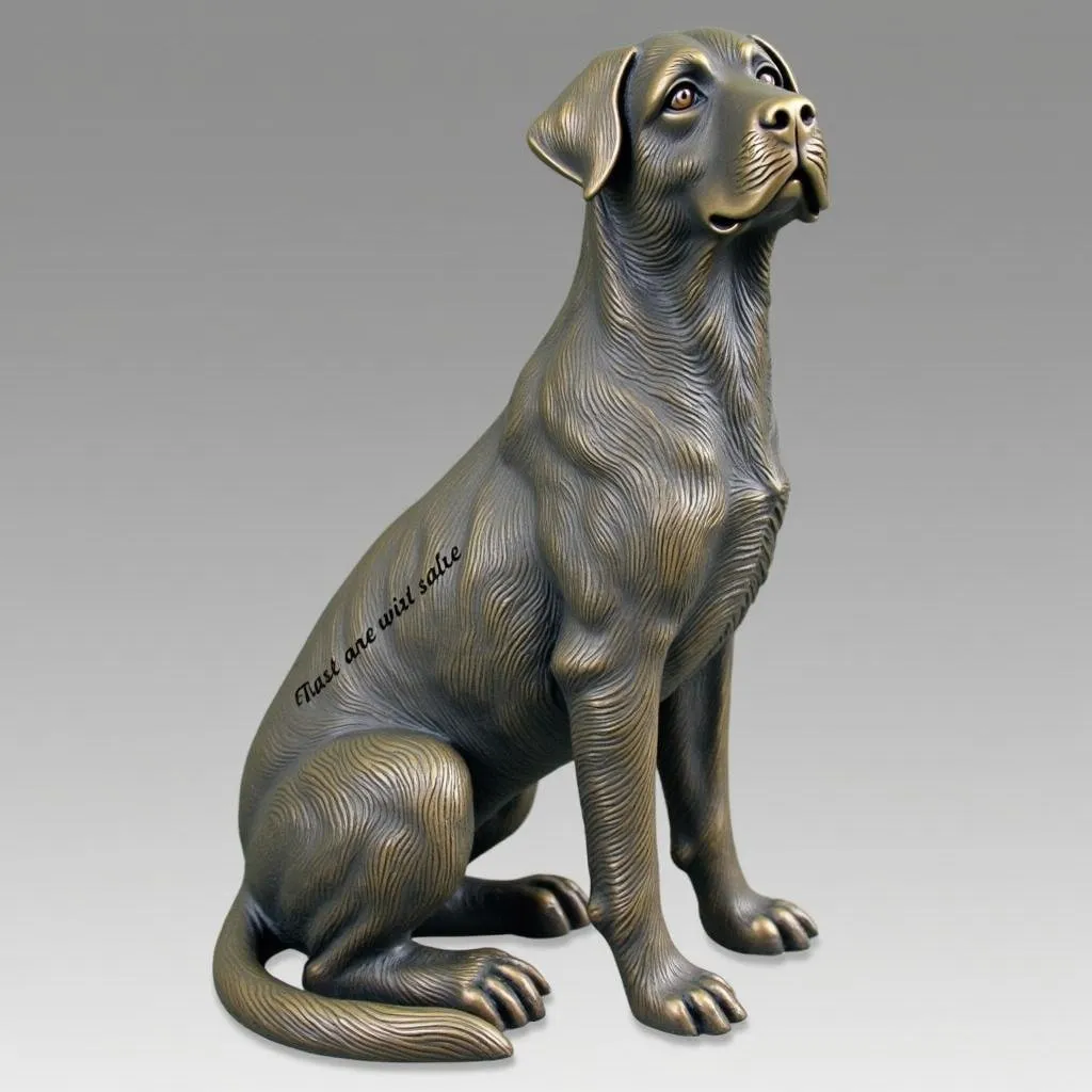 A dog remembrance statue with a personalized inscription