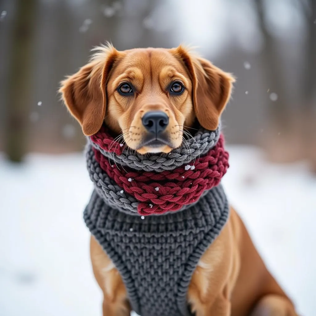 Dog wearing a knitted scarf in winter