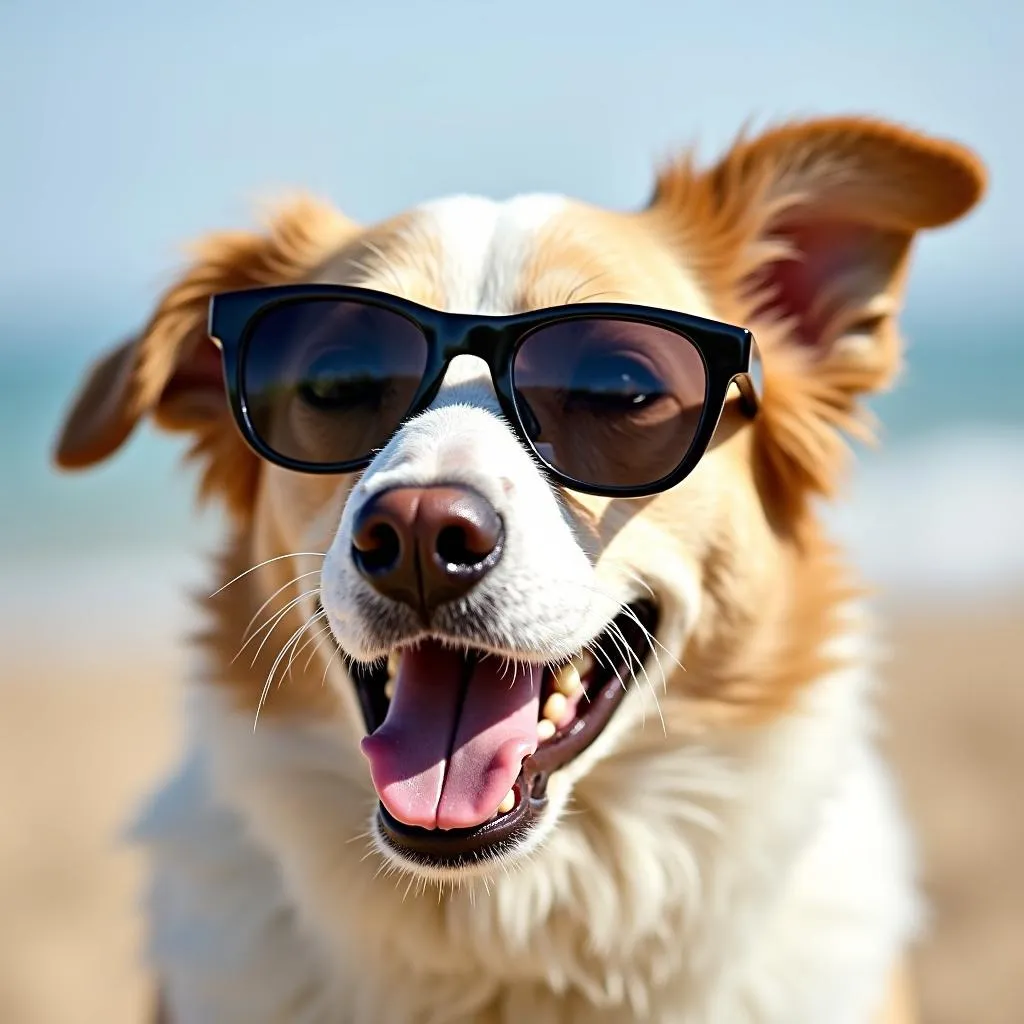 Dog wearing stylish mad dog shades for uv protection