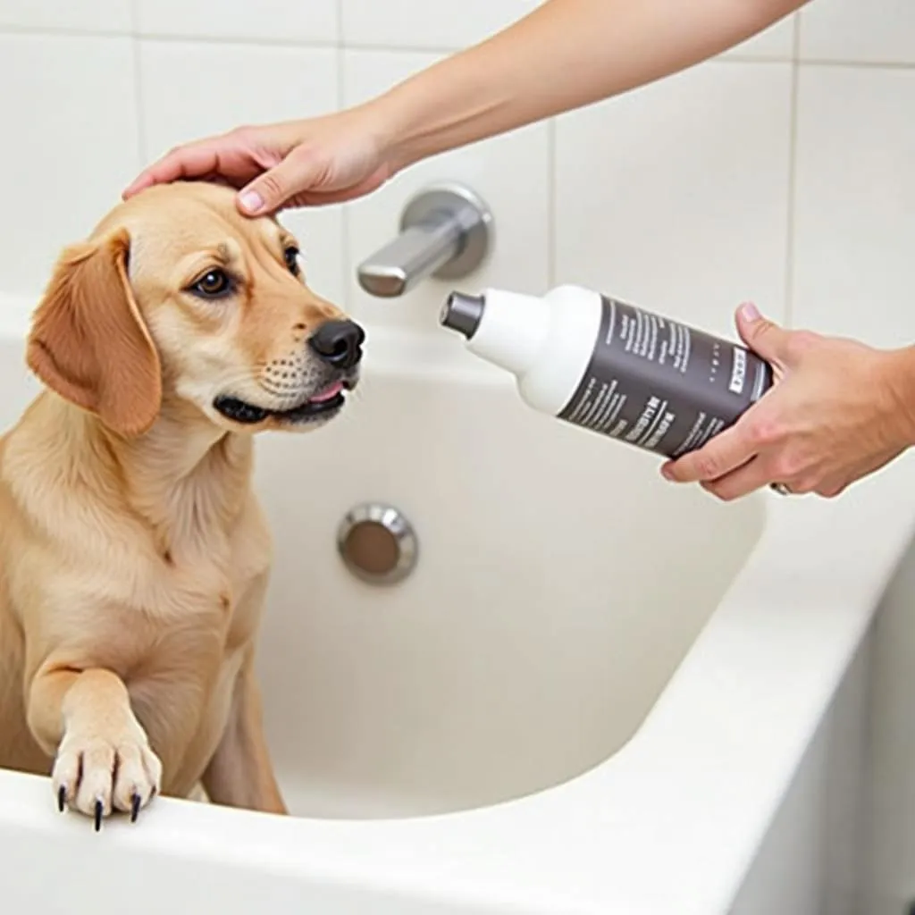 Dog shampoo foamer being used on a dog