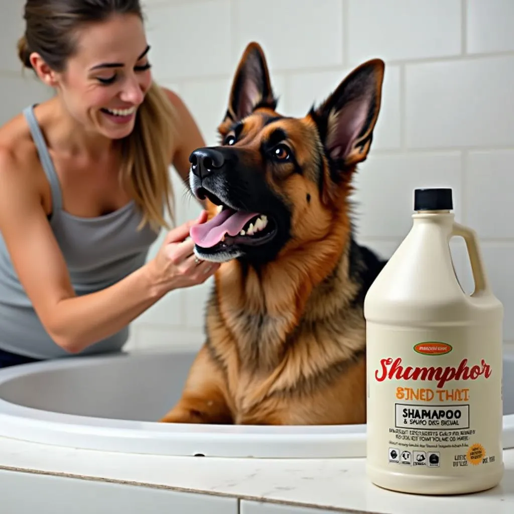 Large Breed Dog Bathing with a Gallon of Shampoo