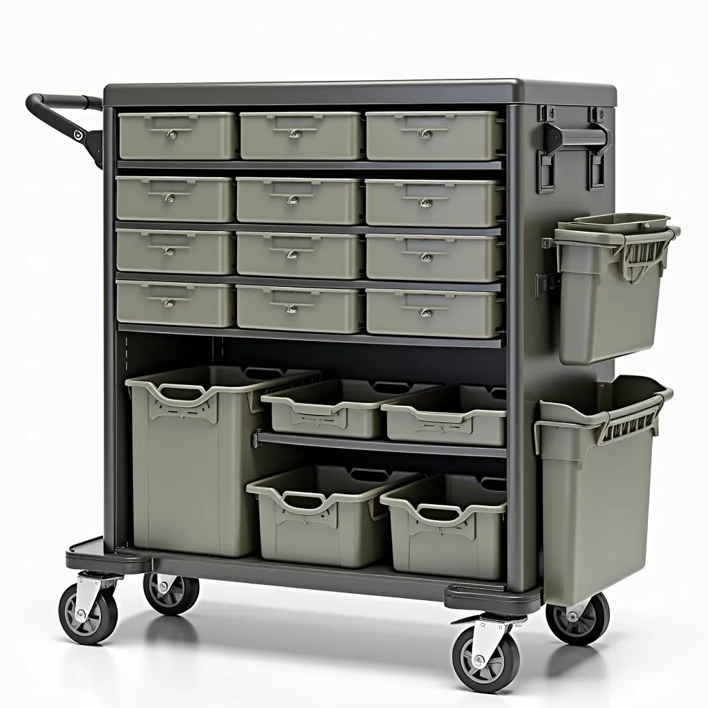 Dog show trolley with various compartments and shelves for organizing equipment