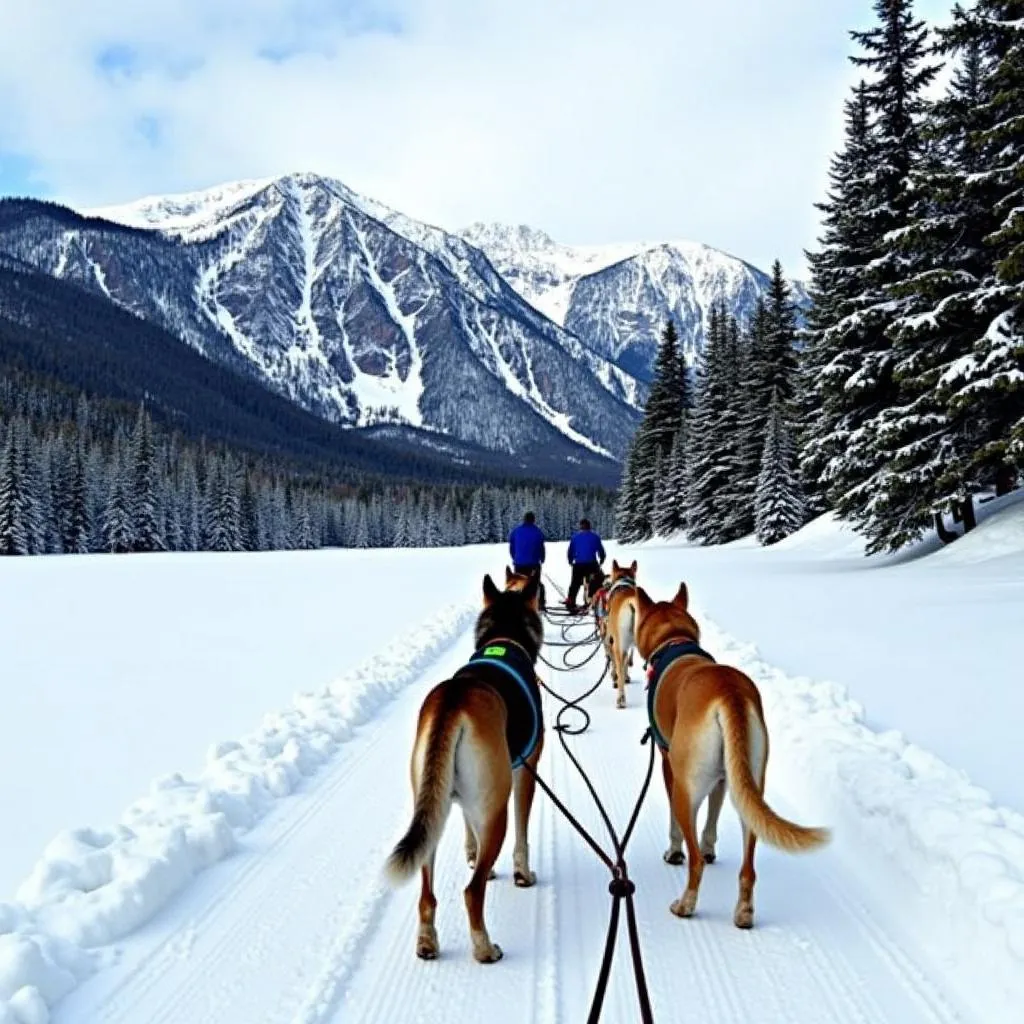 Dog sledding in Estes Park, Colorado, surrounded by snow-covered mountains