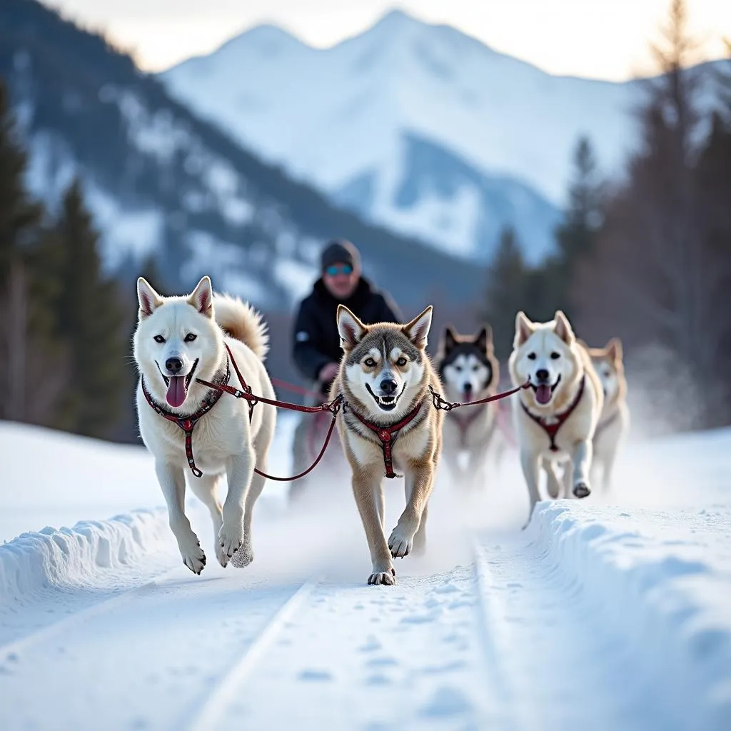 A team of huskies pulling a dog sled through snow-covered forests in Estes Park, Colorado, showcasing the exhilarating experience of dog sledding