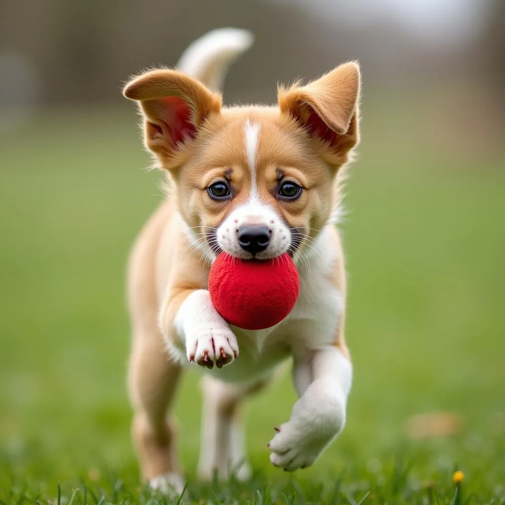 Dog playing with a ball in a park